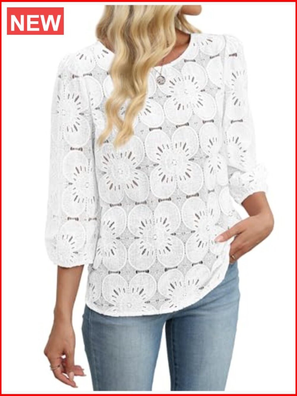 Eyelet Lace 3/4 Sleeve Blouse Dressy Casual Top Lightweight Nylon Blend - Picture 3 of 7